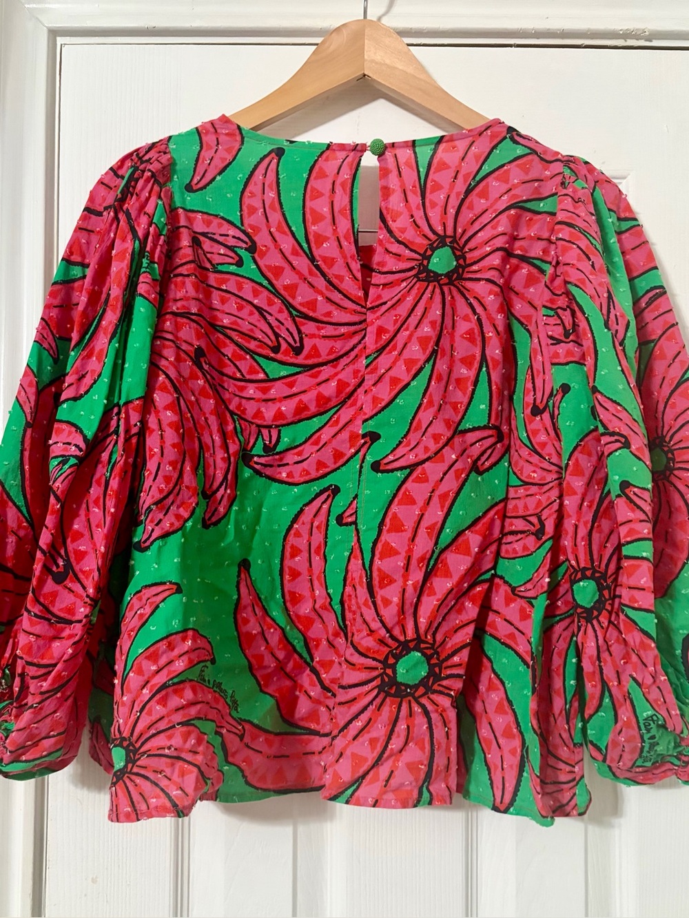 FARM Rio Banana Pitta Pink Green Floral Puff Sleeve Blouse Size Small - Picture 4 of 9